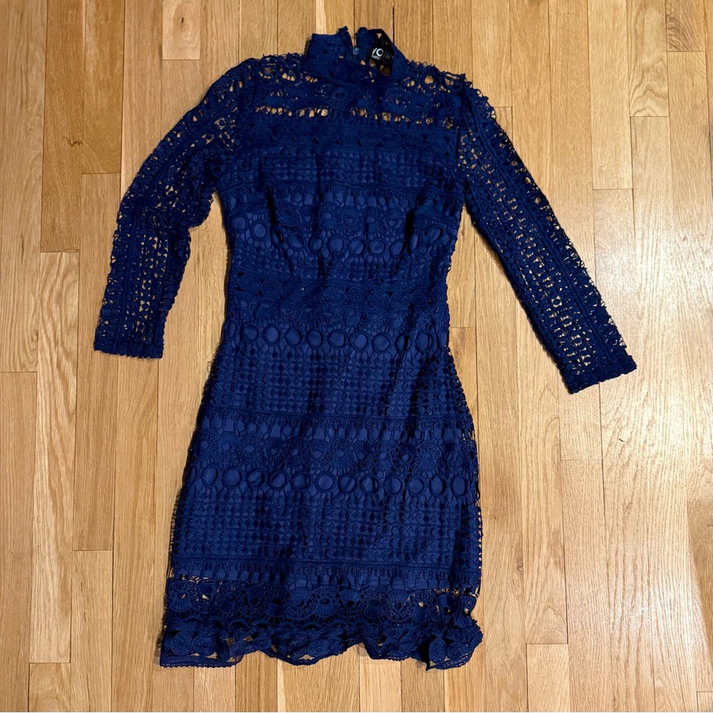 Navy Mock Neck Crochet Dress